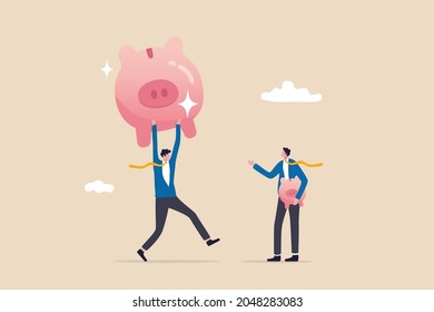 Investment return or income comparison, success and fail in savings or pension fund, being rich or wealthy concept, businessman holding small piggy bank while looking at other bigger pension fund.