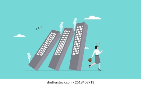 investment risk or business failure, economic recession, investment asset fall down concept, decline in real estate and property prices, businesswoman running from a building that is about to collapse