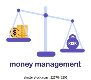 Concepto de riesgo de inversión. Dinero y peso a escalas. Alfabetización financiera, acuerdos oportunos y métodos de inversión. Análisis y evaluación, economía y comercio. Ilustración vectorial plana aislada