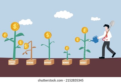 Investment risk diversification, wealth protection, having money or asset enough to survive during economic recession or financial crisis concept. Businessman growing various money coin plants.