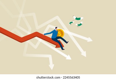 Investment risk, Economic recession. Stock market crash. Fall of the stock chart. bond, gold, crypto, currency. Businessman falling with red graph. Illustration