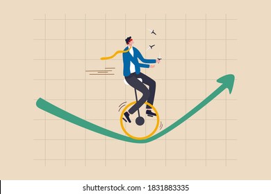 Investment risk, insurance, business opportunity to grow up in economic crisis concept, confidence investor businessman blindfold and juggling knifes riding unicycle one wheel on green rising up graph