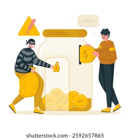 Investment risk with losing money, Thief warning notification, Unsafe savings concept, Vector illsutration