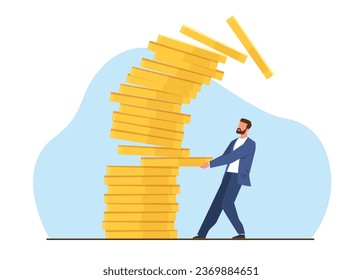 Investment risk, mistake due to greed in decision making, businessman pulls gold coin out of falling pile. Market volatility, unstable and uncertainty. Cartoon flat isolated vector concept