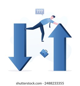 Riesgo de inversión, gestión del dinero. Los inversores inteligentes intentan mantener el equilibrio entre las flechas arriba y abajo. Incertidumbre y volatilidad del mercado de valores. Tendencia descendente o ascendente. Superar los obstáculos empresariales.