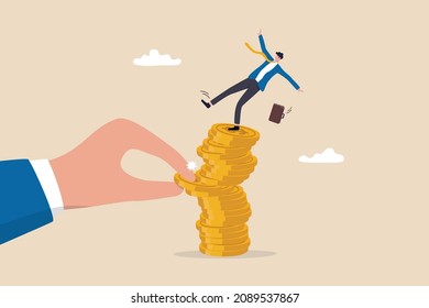 Investment Risk From Rug Pull Crash, Pull Money Or Liquidity Back, Market Volatility, Unstable And Uncertainty Concept, Giant Hand Pull Back Money From Coin Stack Causing Investor To Fall Down.