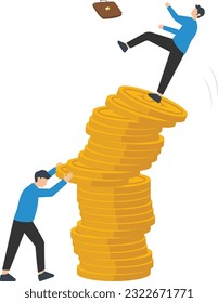 Investment risk from rug pull crash, pull money or liquidity back, Market volatility, unstable and uncertainty, Giant hand pull back money, Coin stack causing investor to fall down

