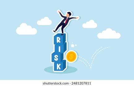 Investment risk stock market volatility, price drops, stability, and uncertainty, concept of A businessman investor falls from a stack of blocks labeled RISK, hit by a money coin