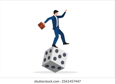 Investment risk, stock trader, gambling, uncertainty, possibility of losing money or make a profit from investment concept, greedy investor man dare trying to balance himself on spinning unstable dice