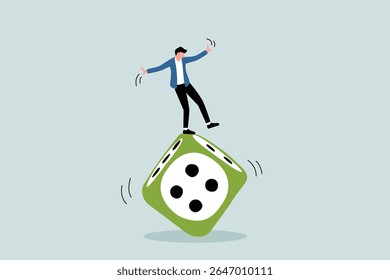 Investment risk, stock trader, gambling, uncertainty, possibility of losing money or make a profit from investment concept, greedy investor man to balance himself on spinning unstable dice