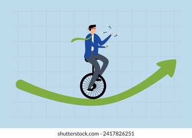 Investment risk, investment trader blinded and juggling knives on unicycle green bullish chart.