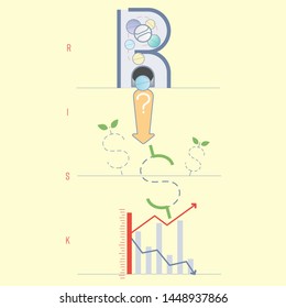 Investment risk typographic design. Pictorial symbol. Gashapon as a gimmick of uncertainty playing in the investment success presented in pictorial form. Vector illustration outline flat design style.