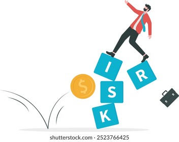 Investment risk, volatility and fluctuation in stock market that price will drop, stability and uncertainty concept, businessman investor falling from stack block with word RISK impact by money coin.
