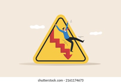 Investment risk. The volatility of the stock market or cryptocurrency. Economic inflationary crisis. Fed, funds, gold, oil, war.  Businessman fell from the downward arrow.