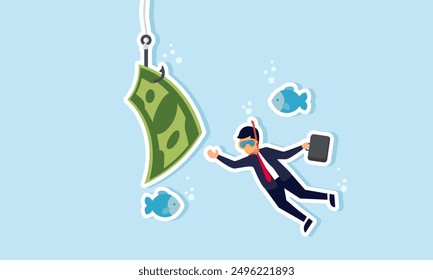 Investment risks or money traps: business fraud, cheating, financial pitfalls, and mistakes, concept of A businessman dives into the business ocean, taking the bait of a hook with a dollar bill