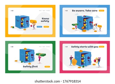 Investment and Safety Landing Page Template Set. Business People at Bank Safe Full of Money and Jewelry. Tiny Characters Hold Huge Gold Coins and Bills Insert Password. Cartoon Vector Illustration