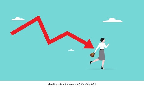 investment sales fall with haunting losses, panic business woman investors running avoiding descending arrow graph concept vector illustration