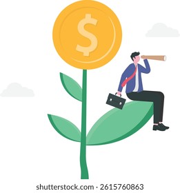 Investment or saving growth, growing wealth, financial and banking forecast, earning profit or grow income or mutual fund return concept, man look through telescope on plant with money coin flower.

