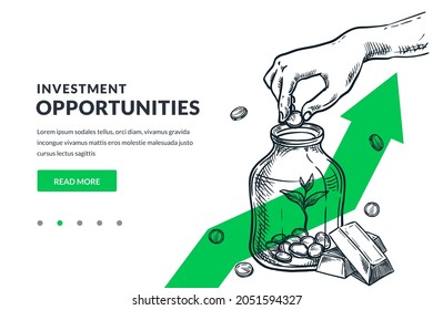 Investment, saving money and finance growth business concept. Human hand putting coin in clear glass jar on green arrow background. Hand drawn vector sketch illustration. Poster banner design - Shutterstock ID 2051594327