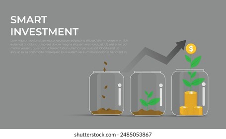 Investment, saving money and finance growth business concept. coin in clear glass jar on arrow background. Hand drawn vector sketch illustration. Poster banner design.