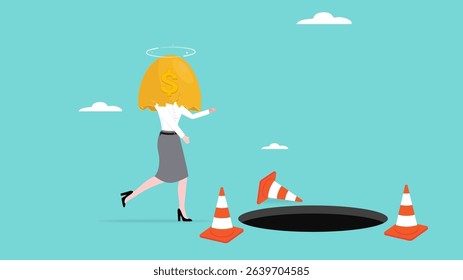 investment scam, Financial Fraud or Illegal Investment, ponzi scheme concept, business woman investor who is lulled by fake investments who walks forward towards a trap hole