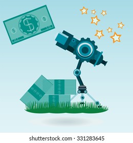 Investment in science, astronomy. Telescop with dollar bills on the grass.