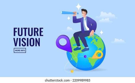 Investment search business. Businessman looking or searching with a spyglass or a telescope. man sit on a globe and broadening horizons. global business vision. future opportunity. Vector