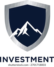 Investment security logo featuring a mountain range inside a shield symbolizing strength and protection