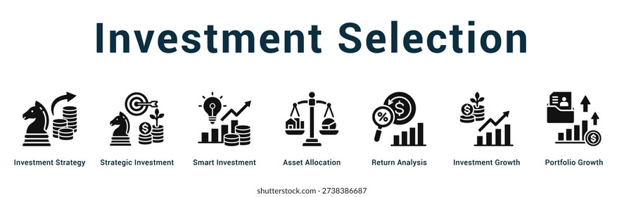 Investment Selection  Modern and clean web banner illustration vector featuring thematic icons