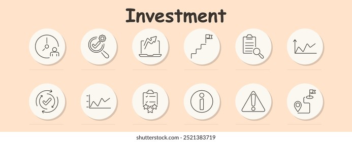 Investment set icon. Clock, checklist, laptop growth, steps, clipboard, chart, checkmark cycle, rising graph, information, alert, location goal.