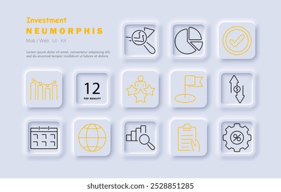 Investment set icon. Graph, globe, stars rating, target, currency exchange, checklist, profit analysis, calendar, pie chart, settings, flag