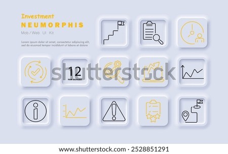 Investment set icon. Growth goal, report, clock, performance check, quality assurance, analytics, market trend, information, progress, alert, evaluation, rating, roadmap, flag