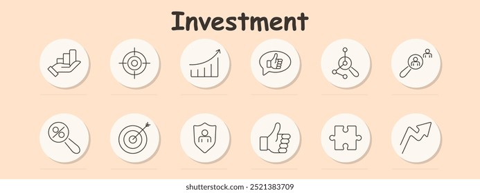 Ícone de conjunto de investimentos. Mão com gráfico de barras, alvo, gráfico de crescimento, aprovação, rede, lupa, porcentagem, bullseye, escudo, polegares para cima, peça de quebra-cabeça, seta para cima.