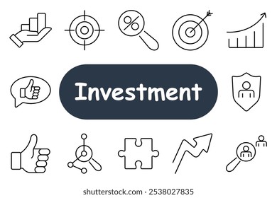 Ícone de conjunto de investimentos. Mão com gráfico, porcentagem, meta, crescimento de seta, polegares para cima, análise, quebra-cabeça, sucesso, lupa, proteção. Ideal para negócios, sucesso e crescimento financeiro