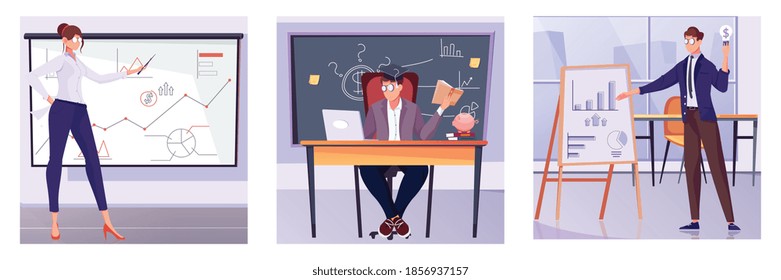 Investment set of square compositions with flat characters of business workers with boards and chart drawings vector illustration