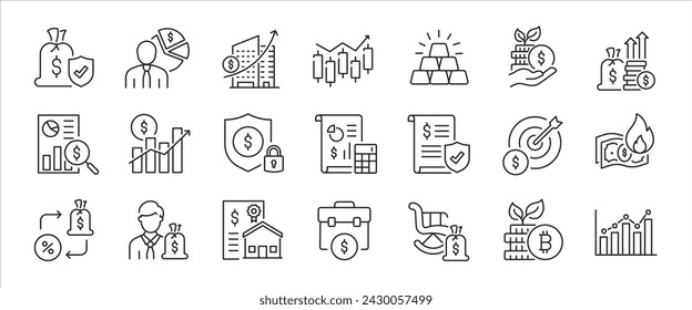 Iconos de línea delgada mínima simple de la inversión. Finanzas relacionadas, economía, contabilidad, ahorro. Ilustración vectorial.