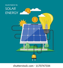 Investment in solar energy concept vector illustration. Solar panel with dollar coin and light bulb connected to it. Flat style design element for website template, poster, banner etc.