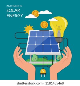 Investment in solar energy concept vector illustration. Human hands holding solar panel with dollar coin and light bulb connected to solar panel. Flat style design element for poster banner etc.