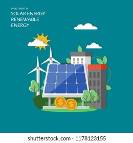 Investment in solar renewable energy concept vector illustration. Green city with wind mills, solar panel and dollar coins. Flat style design element for website template, poster, banner etc.