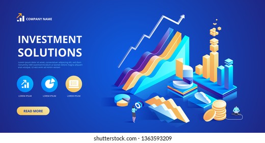 Investment solutions Bank development economics strategy Commerce solutions for investments analysis concept Analysis of sales statistic grow data accounting infographic Vector isometric illustration