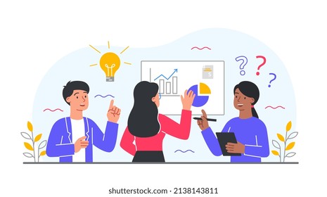 Investment solutions concept. Men and girls discussing graphs. Brainstorming, analytical department of company analyzes income and expenses. Firm development. Cartoon flat vector illustration