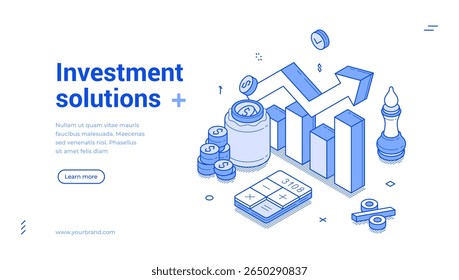 Soluções de investimento estratégia de negócios financeiros esboço isométrico web banner design modelo vetor ilustração. Economia orçamentária lucro riqueza fundo comercial banco gestão de dinheiro página inicial