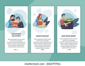 Investment solutions and passive income, financial growth and saving money, banking and deposits. Family with biggy bank and man with wallet. Story or post in social media, rectangular formats