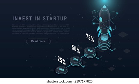 Investment start up concept. Rocket on stacks of gold coins, graphs and charts. Economics, trading and investing, financial literacy. Business project. Realistic isometric vector illustration