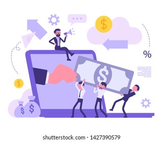 Investment in a startup. Business people investing money for profit, putting capital in new project to gain profitable returns. Vector abstract illustration with faceless characters
