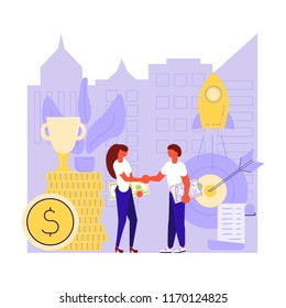 Investment start-up concept in flat design. Man and women young businessmen  shake hands. Vector illustration eps 10