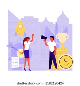 Investment start-up concept in flat design. Man and women young businessmen  shake hands. Vector illustration eps 10