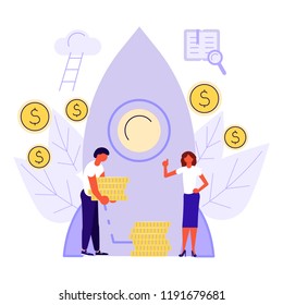 Investment start-up concept in flat design. Man and women young businessmen  shake hands. Vector illustration eps 10