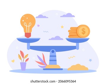 Investment and startup valuation presentation. Scales with light bulb and coin. Metaphor for evaluating value of innovative idea. Economic aspect of creative solution. Cartoon flat vector illustration