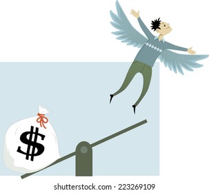 Investment in a start-up. Young man with wings is catapulted from a teeter-board by a big money bag, metaphor for an angel founding, vector illustration, no transparencies 